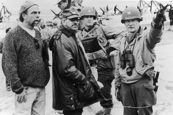 Director Steven Spielberg and actor Tom Hanks on the set of "Saving Private Ryan" in 1998.