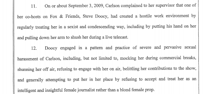 An excerpt from Carlson's lawsuit describes the hostile work environment allegedly created by Fox host Steve Doocy.