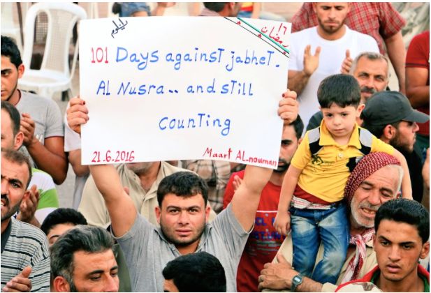 Residents of Maarat al-Numan in rural Idlib protest the rule of al-Qaida-affiliate Jabhat al-Nusra in a civil resistance campaign that has lasted more than 100 days. June 21, 2016.