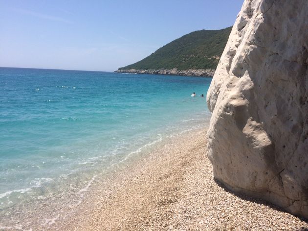 A view from Gjipe beach's most southern rim. The stony shore is a common feature of all Albanian riviera's beaches
