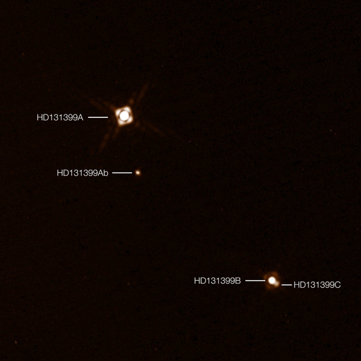 This annotated composite image shows exoplanet HD 131399Ab in the triple-star system HD 131399. The image of the planet was obtained with the Very Large Telescope in Chile.