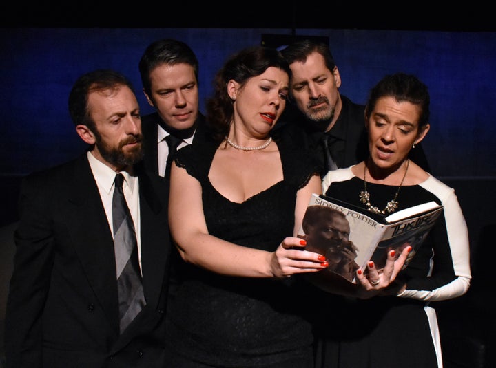 Ouisa (Genevieve Perdue) and friends search through Sidney Poitier's<br>autobiography for clues about Paul' in <strong><em>Six Degrees of Separation</em></strong>