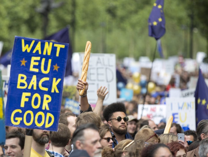 <strong>Protestors marching to Parliament on an anti-Brexit rally.</strong>