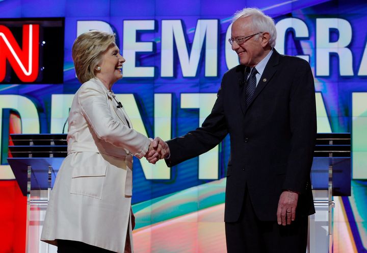 Clinton and Sanders at a debate in New York in April.