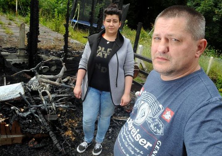 Eva Banaszka and her father Adam at the scene of the arson in Efford, Plymouth