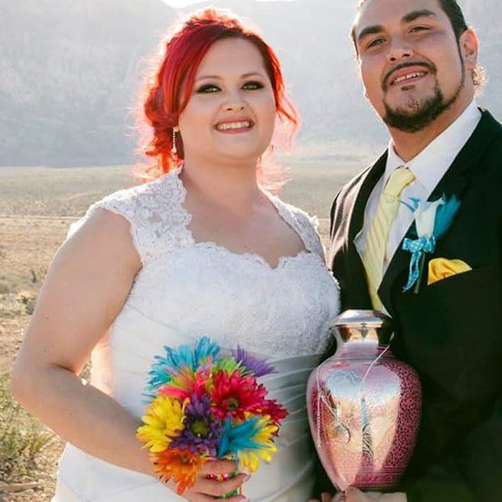 Mario on his wedding day with wife Gina and his mum's ashes. 