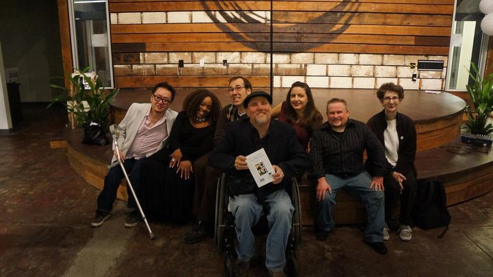 Michael O'Connell with the Comedians with Disabilities Act. Photo includes Steve Lee, Queenie TT, Keith Lowell Jensen, Nina G, Steve Danner and Loren Kraut,