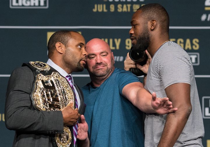 Daniel Cormier and Jon Jones face off during the UFC 200: Press Conference in KA Theater at MGM Grand Hotel & Casino on July 6, 2016.