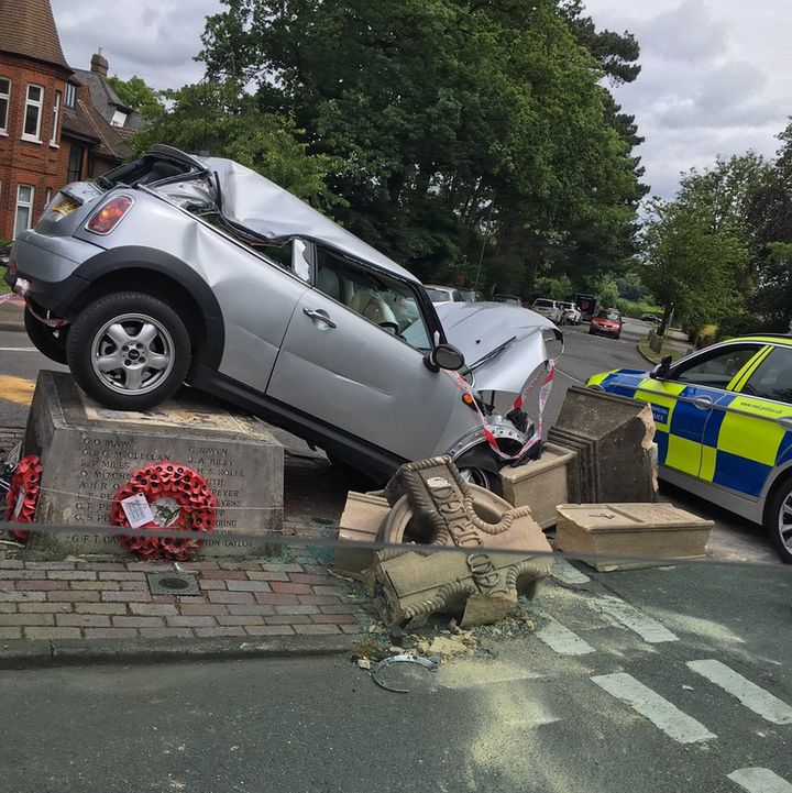 <strong>A car demolished the Shortlands War Memorial in Beckenham after a two-car collision on Friday</strong>