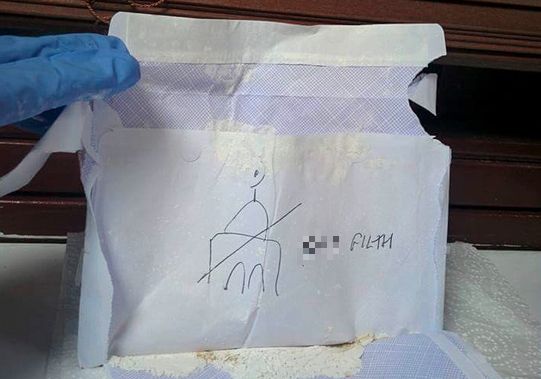 <strong>Envelopes were discovered with white powder in them and Islamophobic messages scrawled on the back</strong>