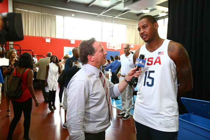 Carmelo Anthony is interviewed during a press conference at Dunleavy Milbank Center on June 27, 2016.