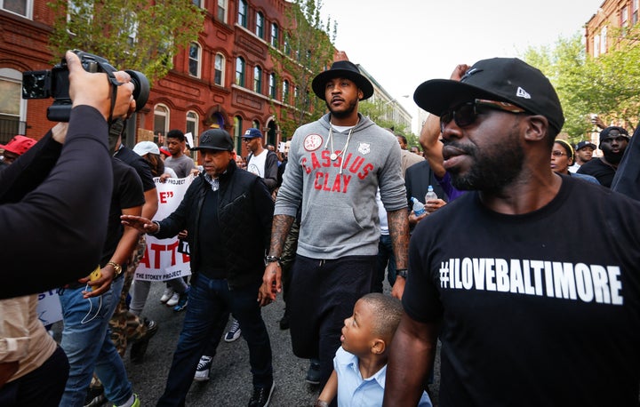 Carmelo Anthony is seen marching on Baltimore City Hall on April 30, 2015, after the death of Freddie Gray.