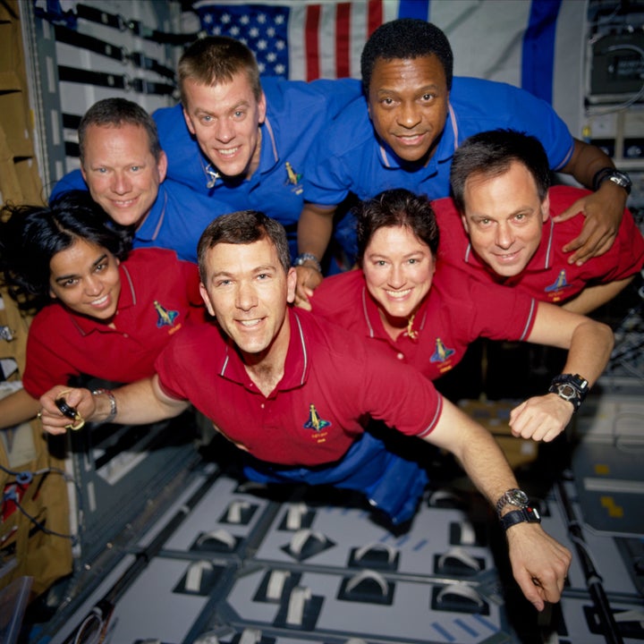 <em>The crew of space shuttle Columbia poses for an in-flight portrait. This photograph was processed from a roll of film recovered among the debris.</em>
