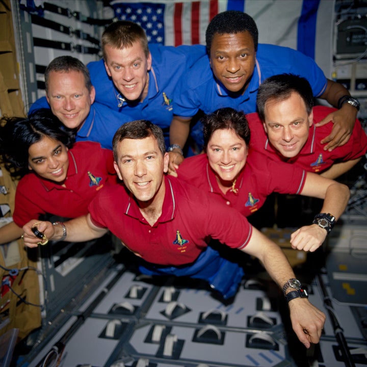 The crew of space shuttle Columbia poses for an in-flight portrait. This photograph was processed from a roll of film recovered among the debris.