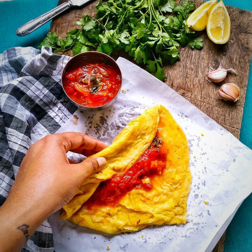 Mauritian Rougaille eaten along with the typical Mauritian Street Food - Dal Puri (Flatbread stuffed with yellow sp