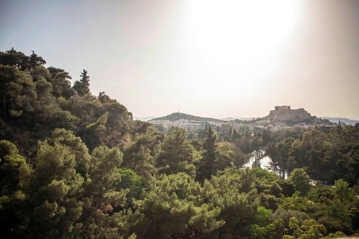 The Acropolis viewed from the historical Kallimarmaro stadium, the site of the first modern Olympics. This is an aspect of At