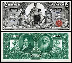 Robert Fulton and Samuel Morse appear on the reverse side of the 1896 $2 "Educational Series" Silver Certificate