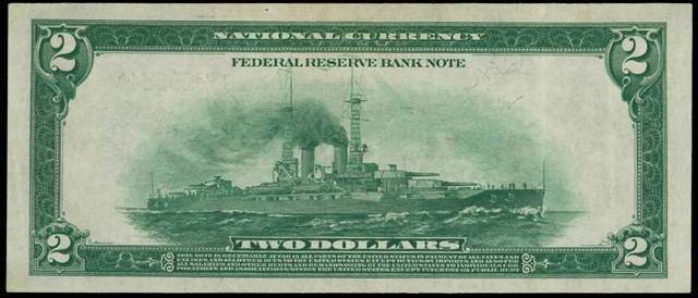 Issued in 1918, this $2 bill featured Thomas Jefferson <br>on its front and a World War I battleship on its back