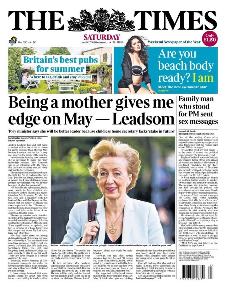 The Times front page that Leadsom said she was 'disgusted' by