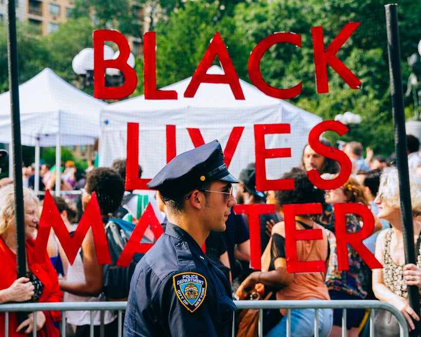 New York City police officer patrols a protest on July 7, 2016