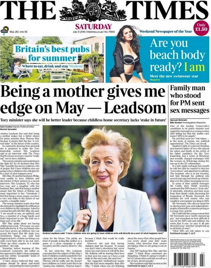 The story on "being a mother" that had led to Andrea Leadsom being criticised