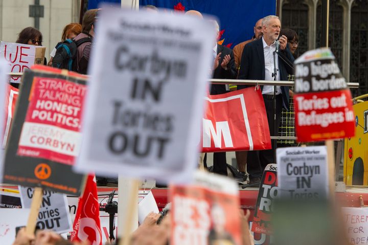 Socialist Worker Party supporters and others backing Corbyn in Parliament Square