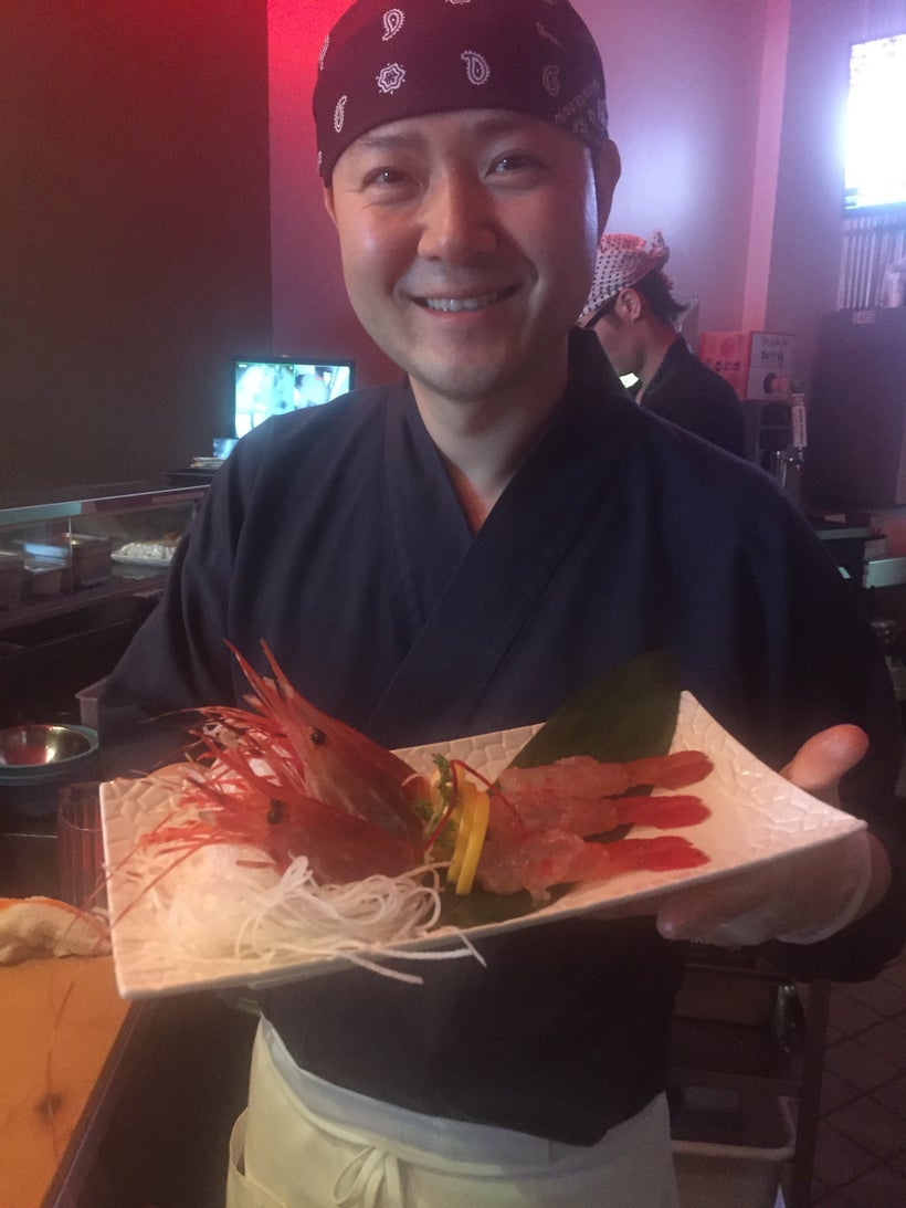 Chef Sean An of Slow Fish presenting his live shrimp plate