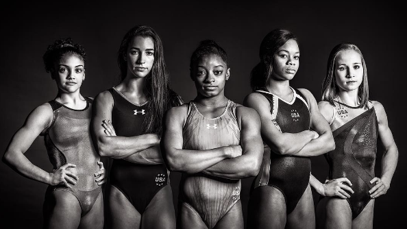 The five members of the 2016 U.S. Olympic gymnastics team.