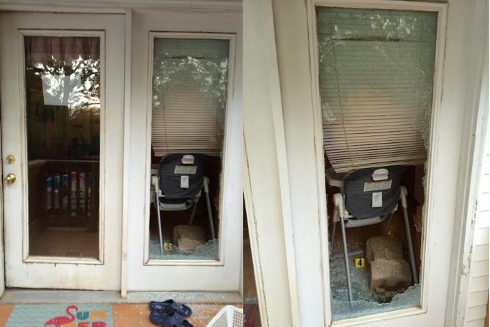 Photos released by the St. Louis County Police Department show the glass door where Gebhard allegedly forced his way into the officer's house.