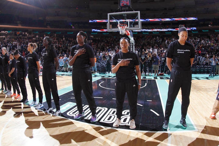 New York Liberty players wore shirts honoring last week's shooting victims prior to their game Sunday at Madison Square
