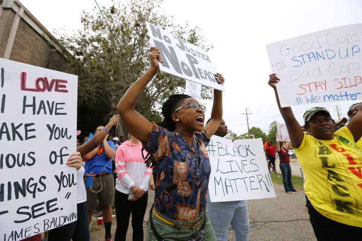 Demonstrators protest the shooting death of Alton Sterling in Baton Rouge, Louisiana, on July 10. 