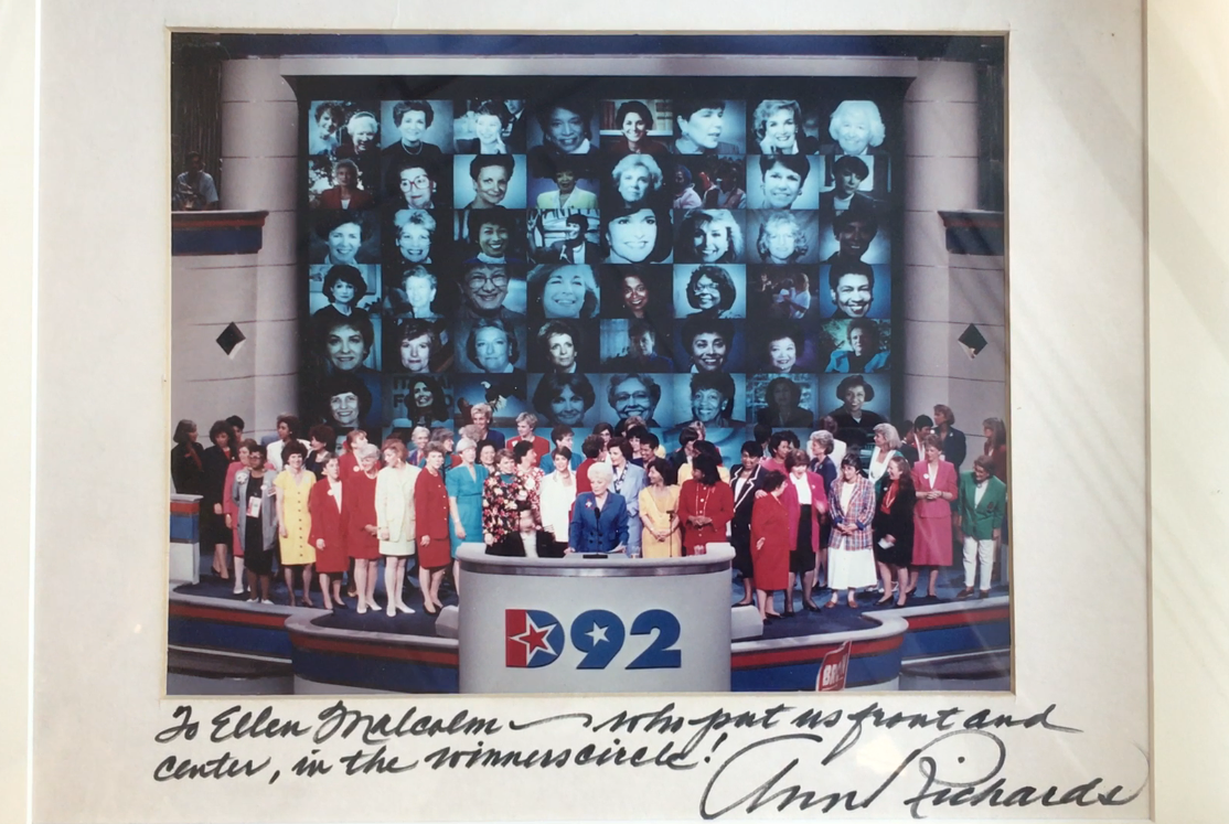 Women were center stage at the 1992 convention too. Ann Richards chaired the event, and EMILY’s List held a fundraiser that attracted 3,000 people. Malcolm still has a picture on the wall of her office with Richards at the podium, surrounded by women running for office.