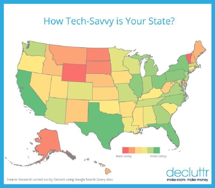 People in states shown in red and orange asked the most tech questions on Google, compared to the states seen colored in yellow and green, according to a search engine review.