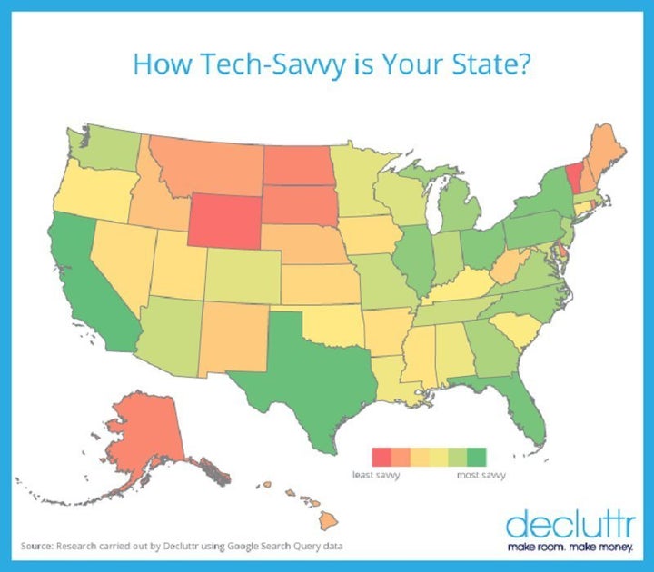 People in states shown in red and orange asked the most tech questions on Google, compared to the states seen colored in yell