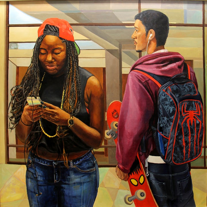 Nan Liu, <i>Texting</i>, Oil on canvas, 60 x 54 inches, 2014