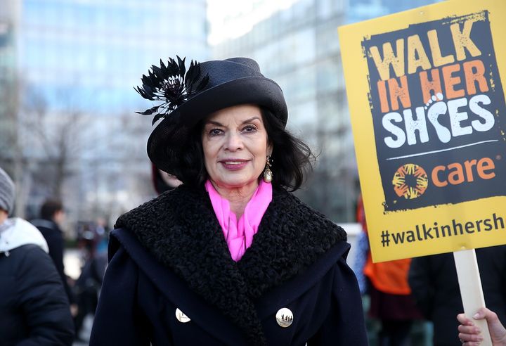 Bianca Jagger lead activists, politicians and 21 century suffragettes to 'Walk In Her Shoes' on March 6, 2016 in London, England.