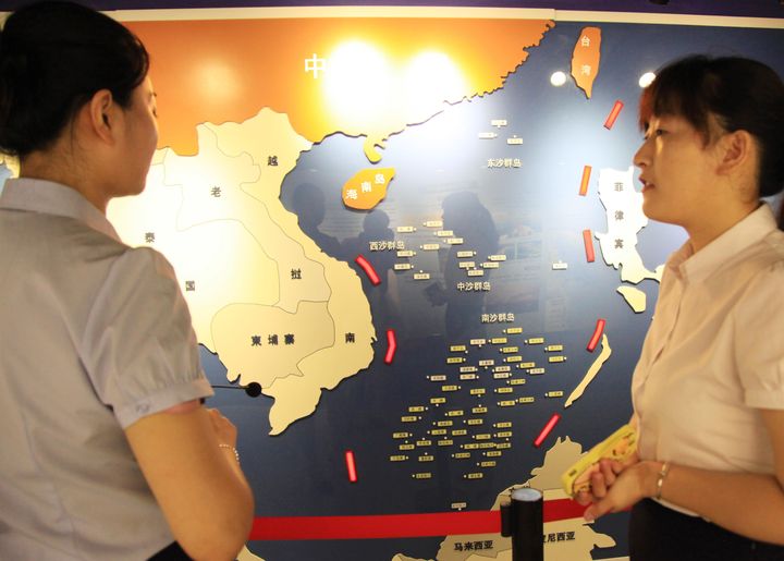 The Nanjing Ocean National Defense Education Museum in China's Jiangsu Province displays a 3D map of the South China Sea. Chinese state media has accused the U.S. of being behind the Philippines-instigated legal action.
