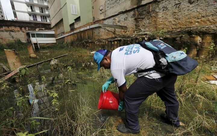 A health agent releases guppy fish, which are used to consume larva of Zika-transmitting mosquito, in a wasteland near a cons