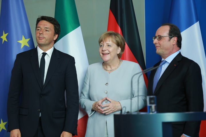 Italian Prime Minister Matteo Renzi (L) appears along side German chancellor Angela Merkel and French President François Hollande. Italy's banking crisis is a problem for them all.