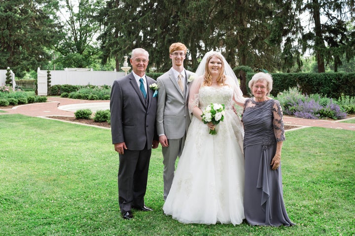 The newlyweds with the groom's grandparents. Josh's grandpa Richard had a part in the wedding as well: he led the groomsmen down the aisle.