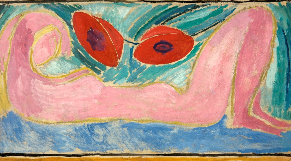 Vanessa Bell, "Nude with Poppies," 1916, oil on canvas, board: 23.4 x 42.24 cm, Swindon Museum and Art Gallery. © The Es