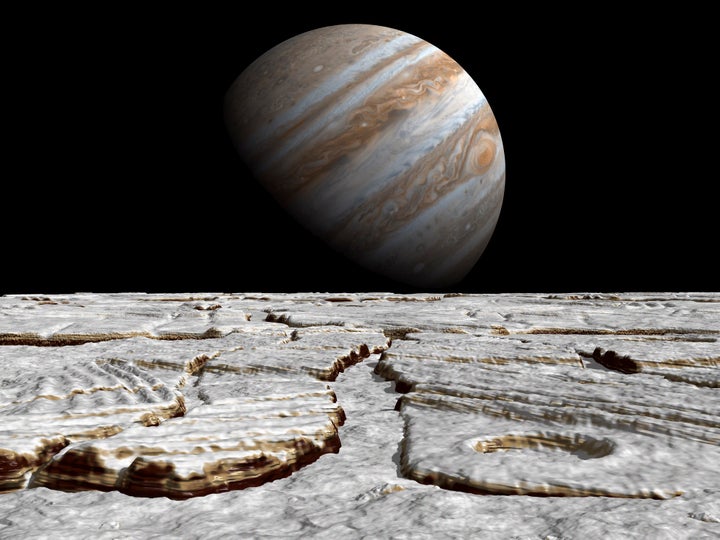 An artist's concept inspired by recent discoveries on Europa of regions that look very much like pack ice on Earth's polar seas during spring thaws.