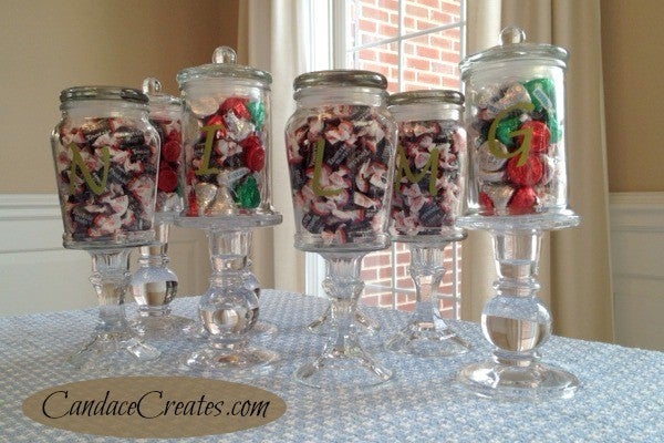 Old sauce and candle jars are used as candy dishes.