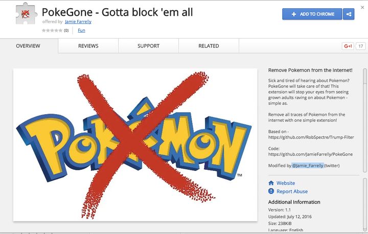 This is what PokeGone looks like in the Chrome web store.