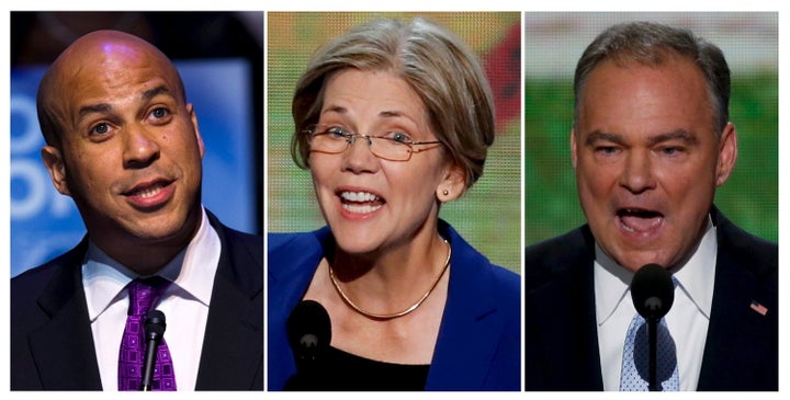 From left, Sens. Cory Booker, Elizabeth Warren and Tim Kaine are among those being discussed as possible Hillary Clinton vice