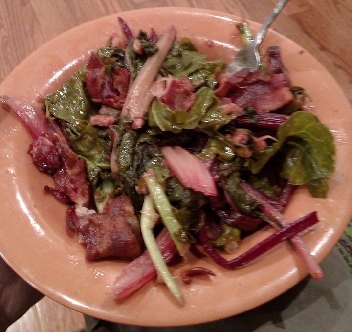 Collard greens, beet greens, leeks and crumbled bacon. All old. All delicious.