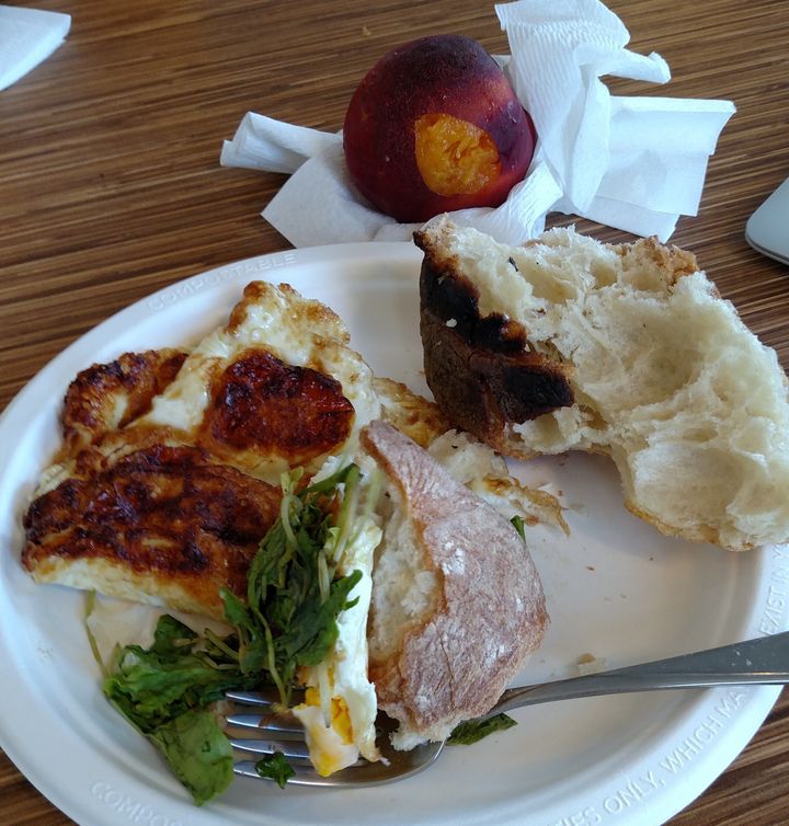 Stale ciabatta bread, old eggs, wilted arugula and a mealy peach. Yum!