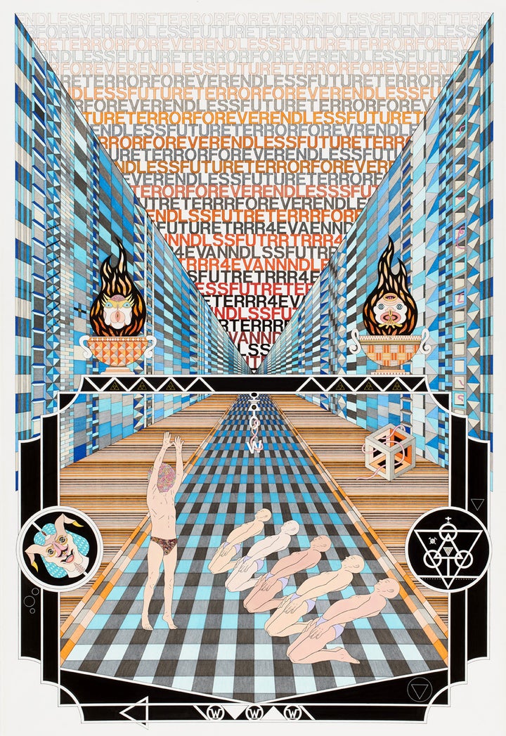 Endless Future Terror Forever, 2015 <br>Pen, fibre tipped markers, collage and gouache on paper <br>151 x 105 cm
