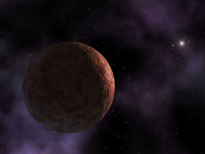 Artist's visualization of Sedna. The object is so far away that the Sun appears as an extremely bright star instead of the large, warm disc as observed from Earth. Sedna's has a reddish hue.