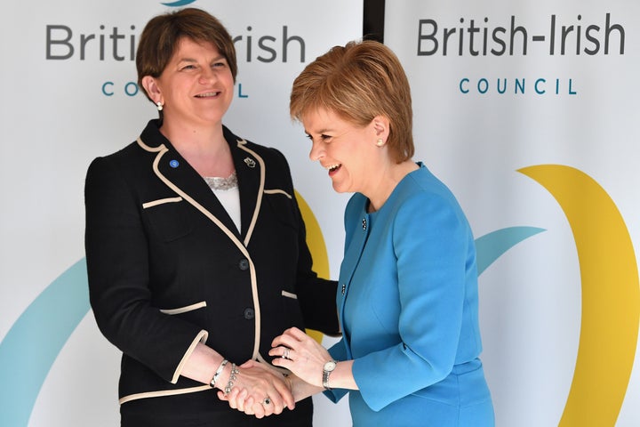 Women leaders now dominate several parties and national parties in the U.K. Above, First Minister Northern Ireland Arlene Foster with the First Minister of Scotland Nicola Sturgeon.